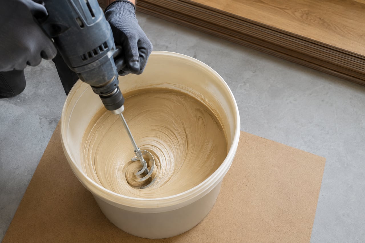 Замес двухкомпонентного клея Homakoll Tile 2K PU низкооборотистым миксером в ведре