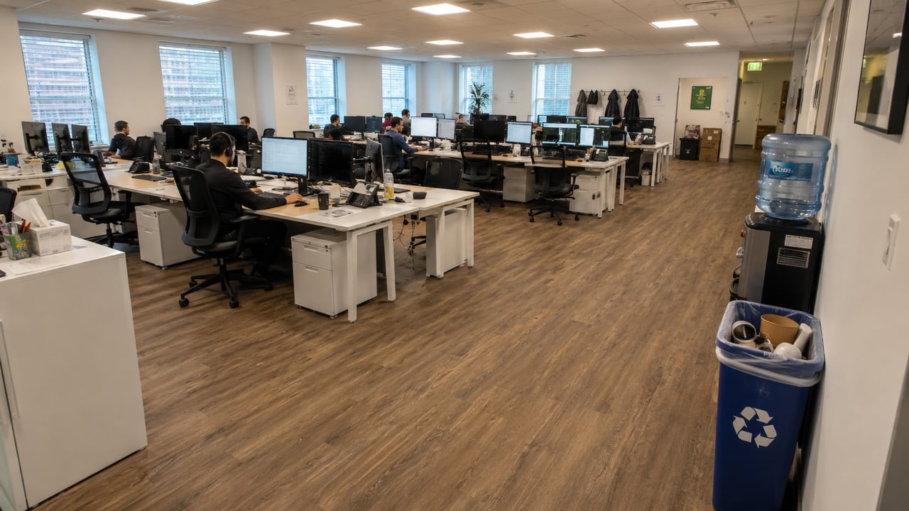 Тёмный венге SPC в офисе open-space 120 м² с рядами рабочих столов, мониторами и водяным кулером